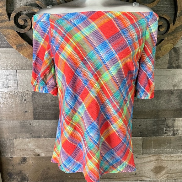 Ralph Lauren 90s y2k Plaid Off Shoulder Blouse Colorful Checkered Preppy - Picture 3 of 16